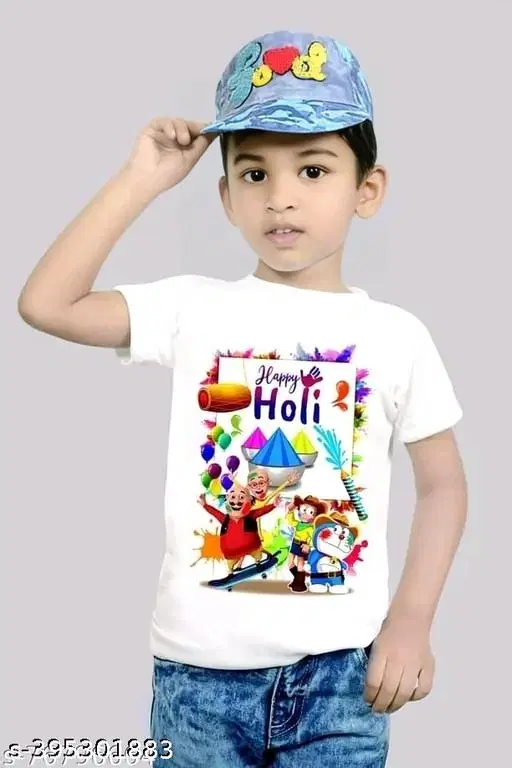 Polyester Holi Print T-shirt For Kids, White (0-1 Years)