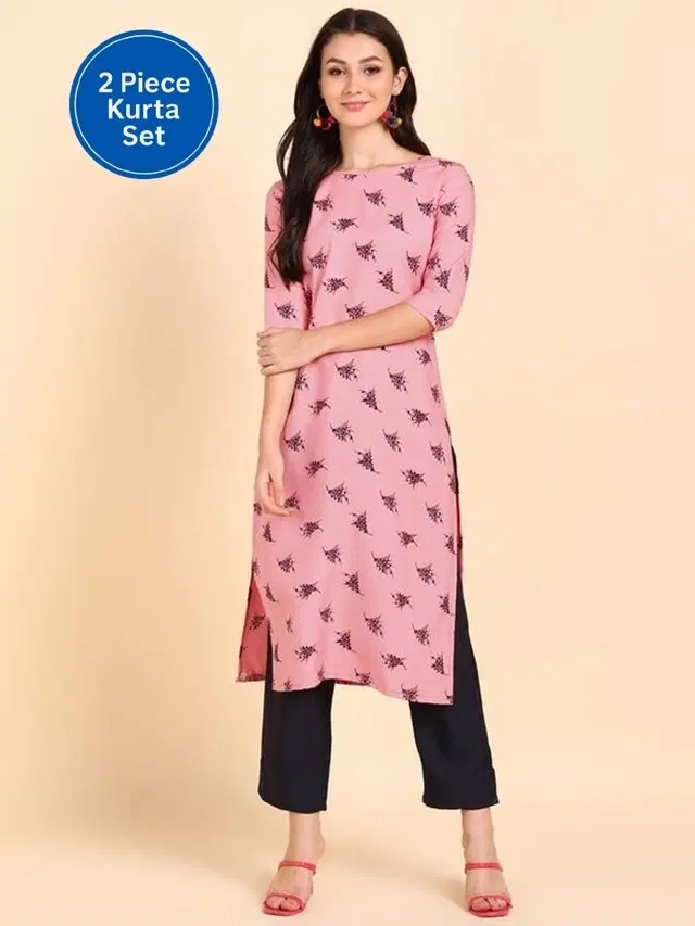 Crepe Block Print Women's Kurta with Pant Set, Pink (XL)