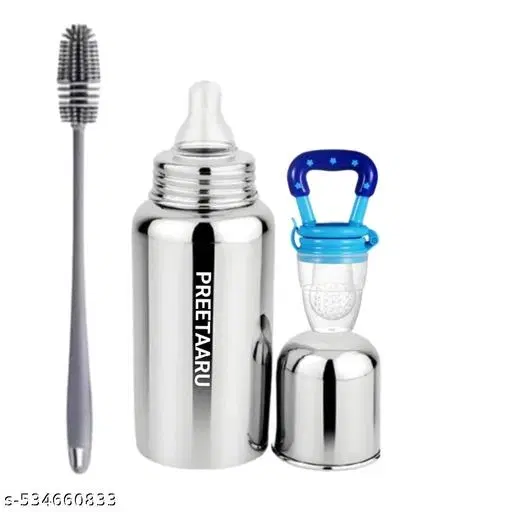 Steel Feeding Bottle, Soft Silicone Fruit Nibbler With Bottle Cleaning Brush