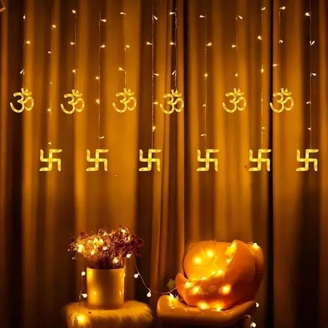 6+6 Om Swastik 3 Meter Curtain Led Light, Warm White