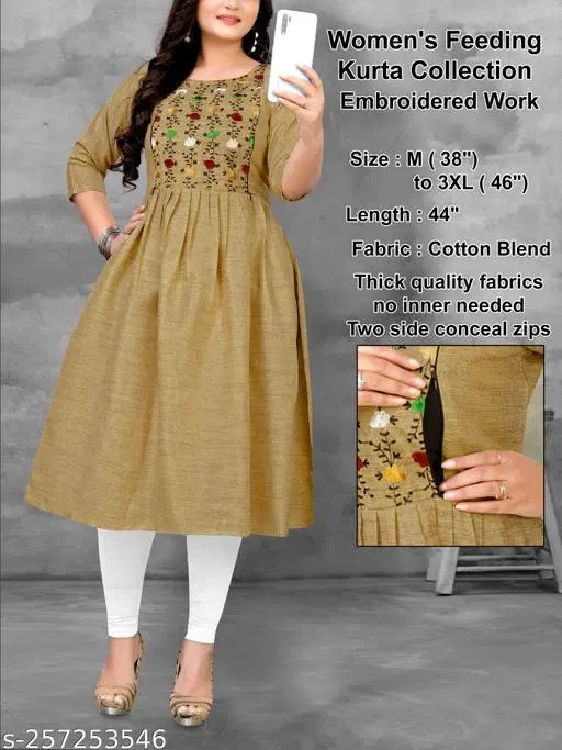 Floral Embroidered Maternity Kurti Set (Yellow, XL)