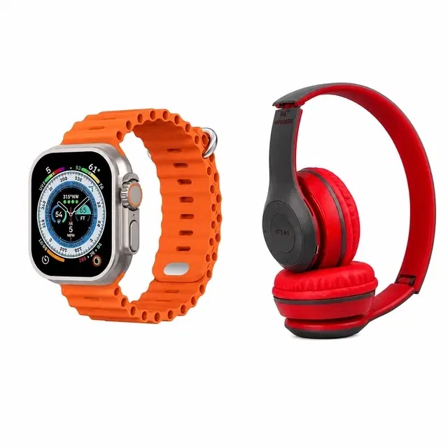 P47 Wireless Bluetooth Headphone (Red) with Mic & FM/SD Support and TecSox 2.19" Screen BT Calling Smart Watch (Orange, Combo Pack)