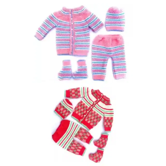 Full Sleeves Sweater with Pant, Cap & Booties, Pack of 2 (Multicolor, 0-6 Month)