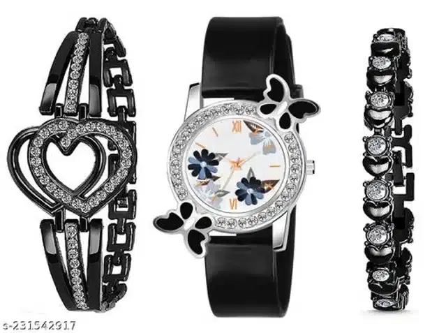 Analog Watch with 2 Pcs Braeclet for Women, Set of 3 (Multicolor)