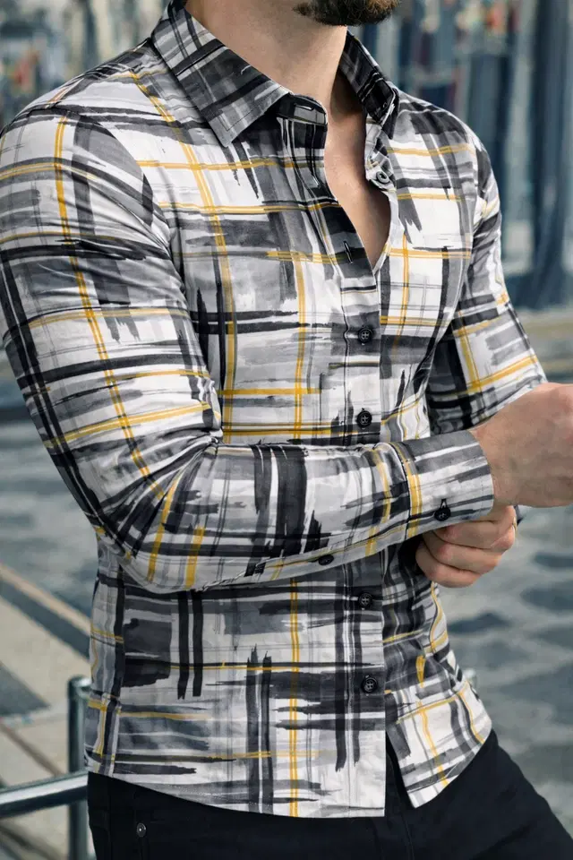 Lycra Geometric Print Shirt for Men, Grey (S)