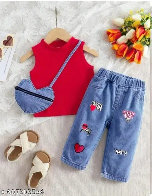 Hosiery Cotton & Denim Printed Clothing Set for Kids, Red & Blue (0-3 Months)