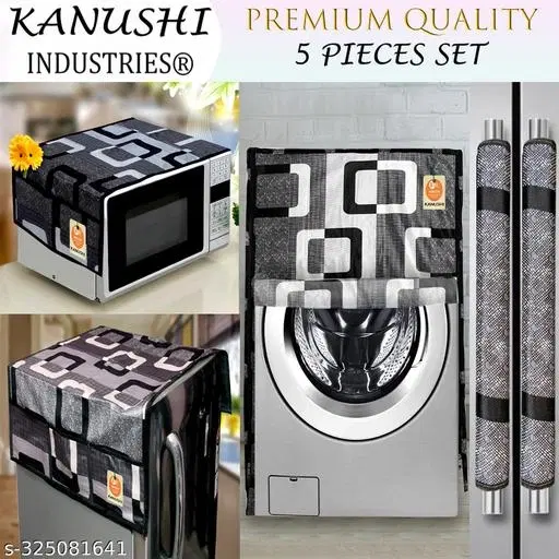 KANUSHI Industries®Fridge/Refrigerator Cove+1 Pc Microwave Cover+1 Front Load Washing Machine Cover+2 Pc Handle Cover(FRI+Micro+W.M-Front+2-HDL-Black-Box)…