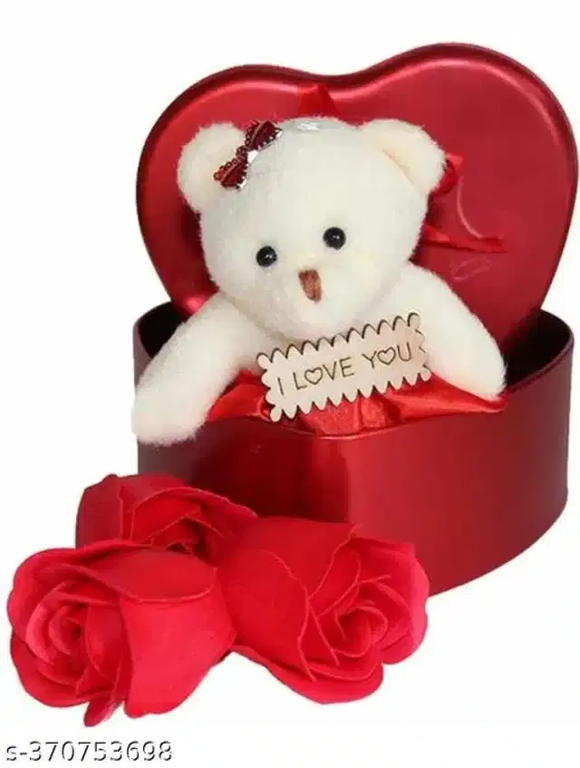 Cotton Heart Shape Gift Box Teddy Bear & Roses, Multicolor