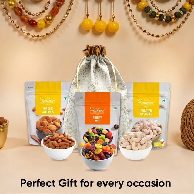 Gift Pack – Roasted Almonds 100 g, Roasted Cashews 100 g, Trail Mix (Fruity) 150 g with Potli