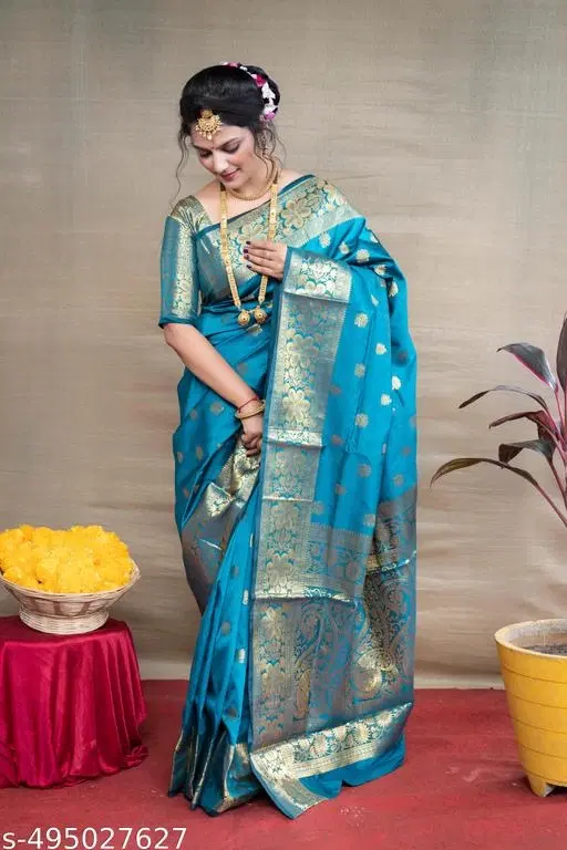 Banarasi Silk Saree for Women (Blue, Free Size)