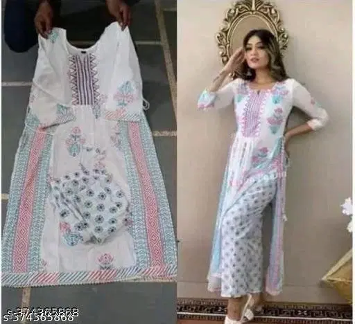 Rayon Printed Kurta with Pant for Women, White (XXL)