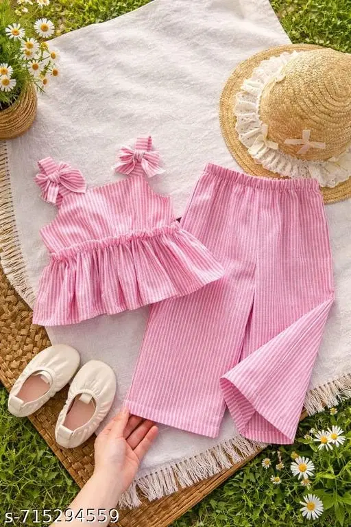 Cotton Top Bottom Set for Girls (Pink, 12-18 Months)