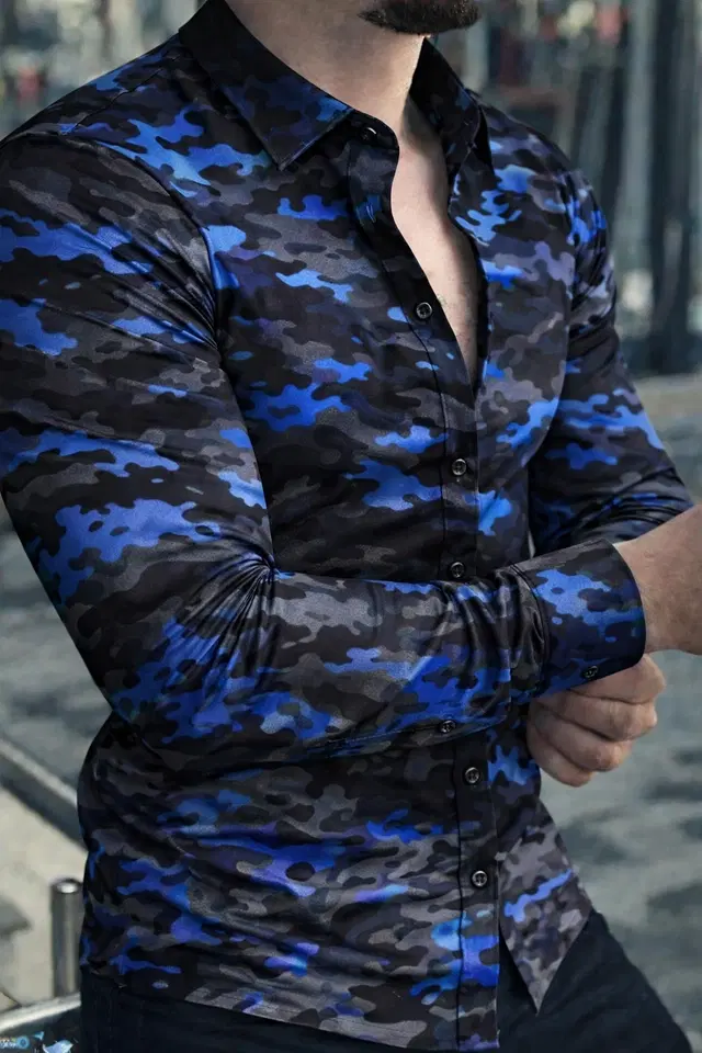 Lycra Geometric Print Shirt for Men, Blue (S)