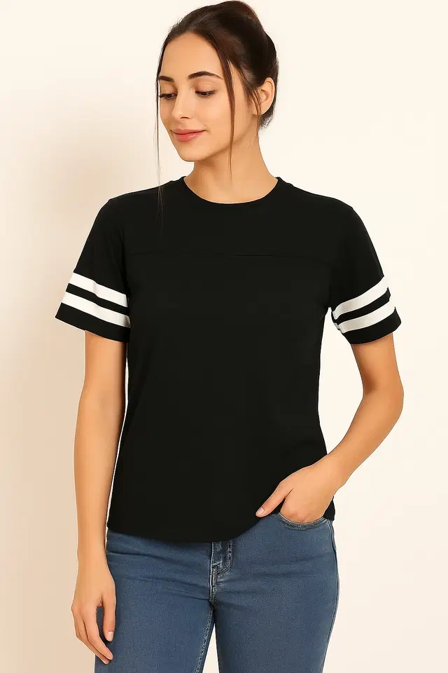 Round Neck Solid T-Shirt for Women, Black (L)