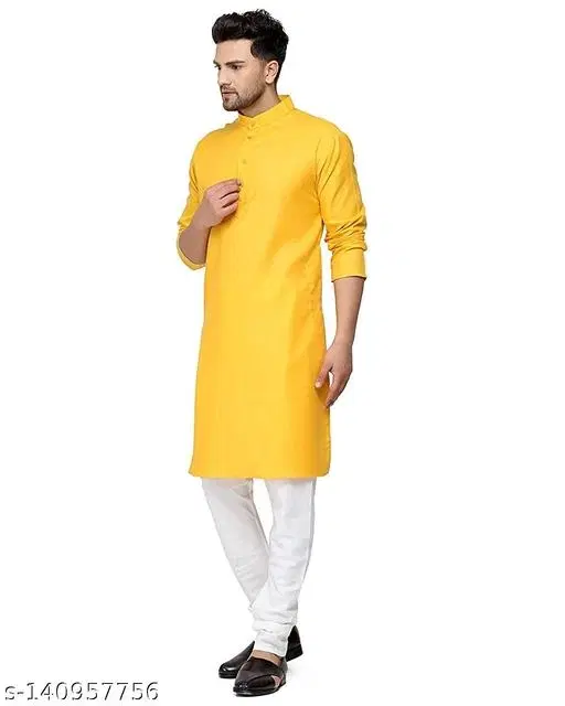 Cotton Kurta Set for Men (Yellow, S)