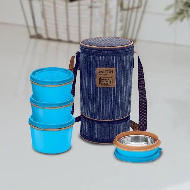 Milton Flexi Insulated Tiffin, 200, 350, 500 ml, Blue 4 Containers Plastic Office Lunch Box (1400 ml)