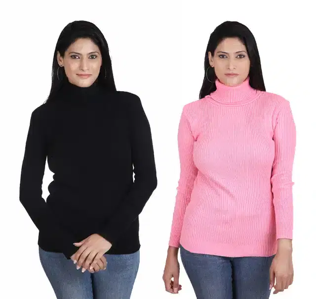 Full Sleeves High Neck Sweater for Women, Pack of 2 (Black & Pink, M)