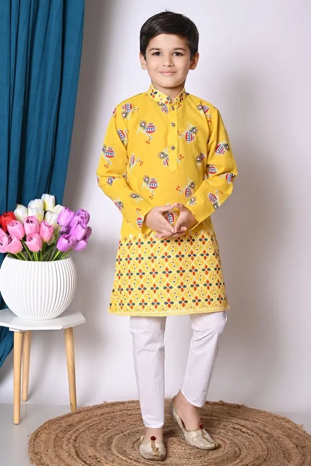 Cotton Printed Kurta with Payjama for Boys, Yellow & White (6-12 Months)