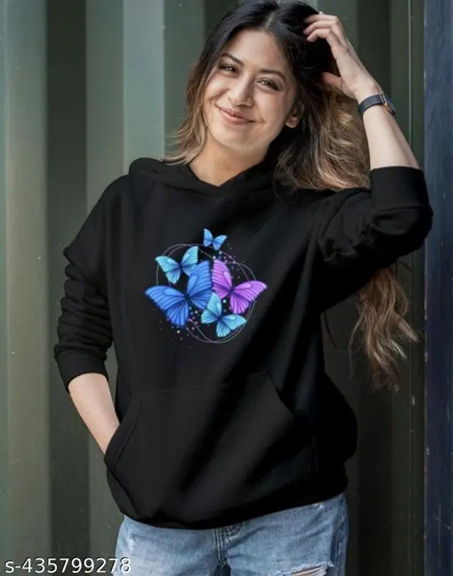 Fleece Printed Hoodie for Women (Black, S)