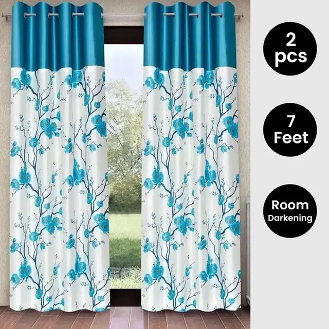 Alaqsa Blue Floral Polyester Door Curtain 7ft Combo (Pack of 2)