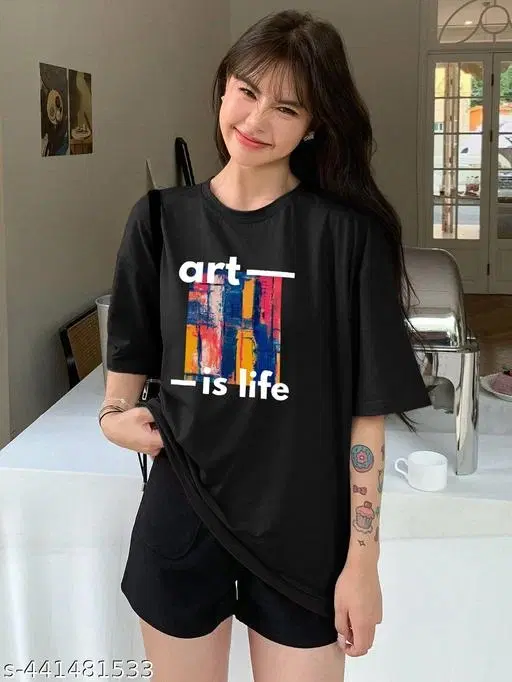 Cotton Blend Printed T-shirt for Women, Black (XXS)