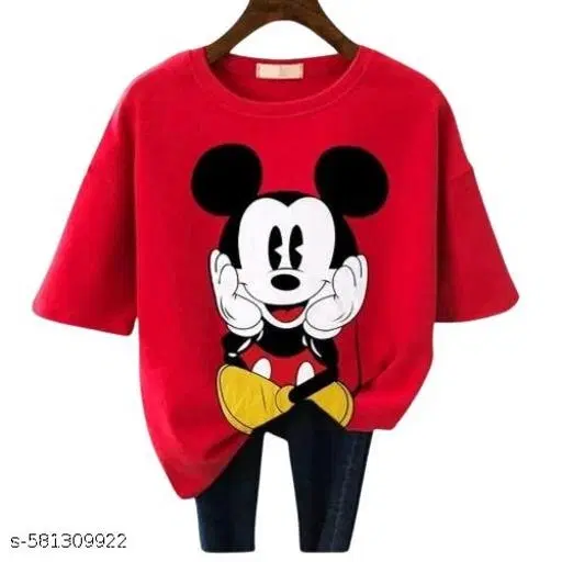 Polycotton Printed T-Shirt for Women, Red (S)