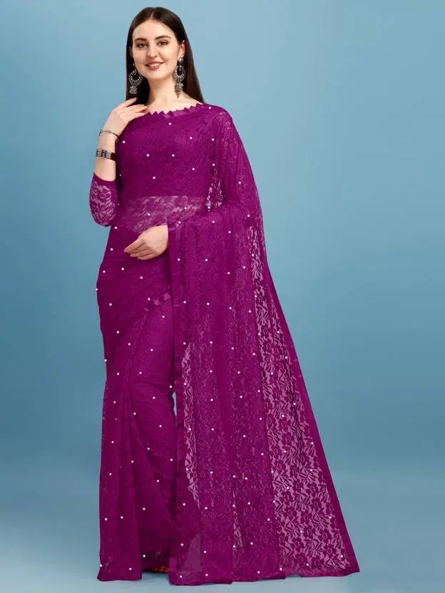 Net Beaded Saree for Women, Purple