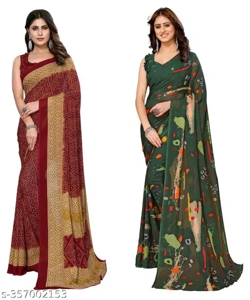 Georgette Printed Saree for Women, Pack of 2, Green & Maroon (6.3 m)