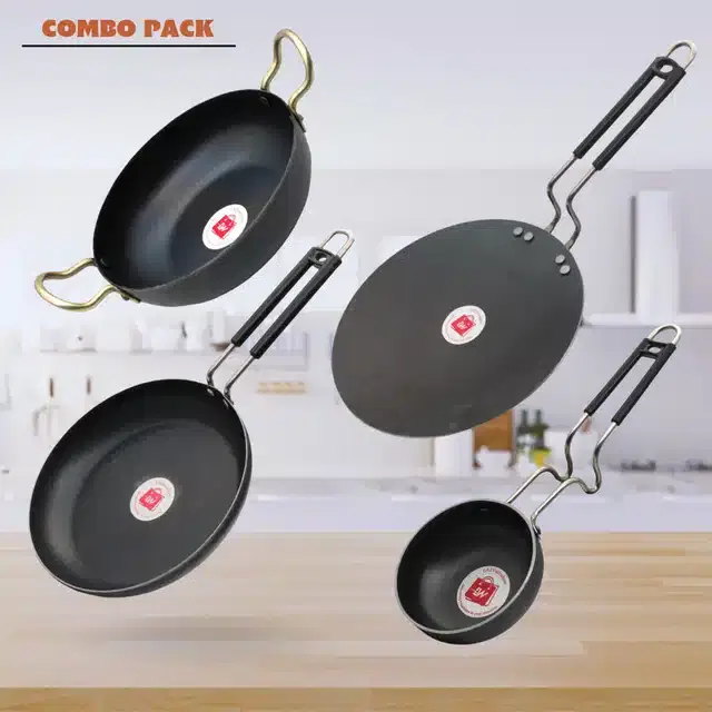 Frying Pan & Tawa Set, Pack of 4, Black, 1000 ml