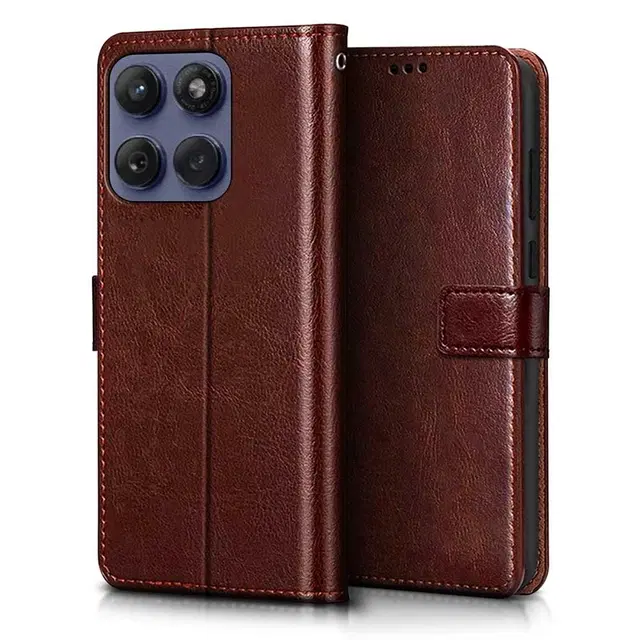 Artificial Leather Flip Cover For Motorola Moto Edge 60 Pro, Brown