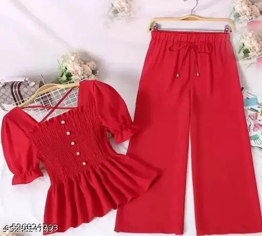 Crepe Palazzo Set for Women (Red, 9-10 Years)