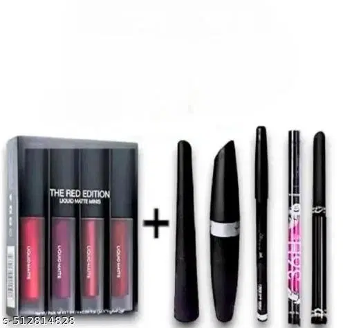 New Combo With Matte Red 4in1 Lipstick , 3in1 Mascara Eyeliner , One 36h Eyeliner And One Ads Kajal