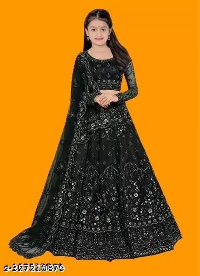 Net Lehenga with Choli & Dupatta for Girls (Black, 3-4 Years)