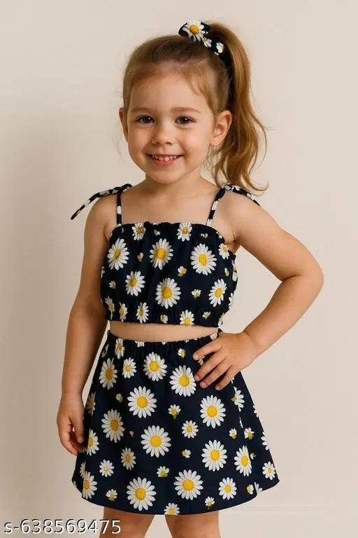 Rayon Slub Printed Clothing Set for Girls, Black, Pack of 1 (0-3 Months)