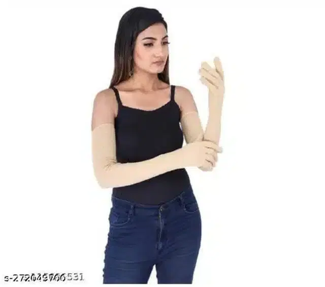 Cotton Long Sleeves Gloves for Women (Beige)