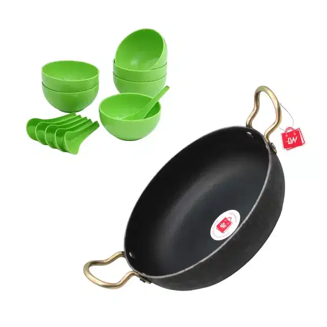 LAZYwindow Iron Deep Bottom Kadai & Plastic Round Shape 6 Soup Bowls with 6 Spoons Set, Black, Set of 2