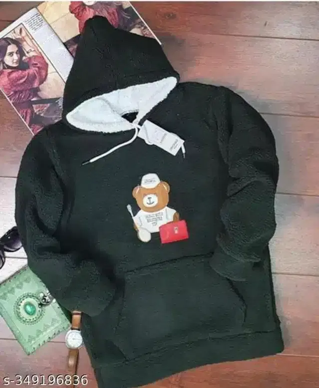 Woolen Full Sleeves Hooded Sweatshirt for Women (Dark Green, XL)