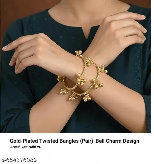 Samridhi Trendy Gold Plated Twisted Kada Bangles for Women & Girls | Stylish Ghungroo Design Kada Set