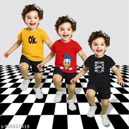 Cotton Blend Printed Clothing Set for Boys, Multicolour, Pack Of 3 (0-1 Months)