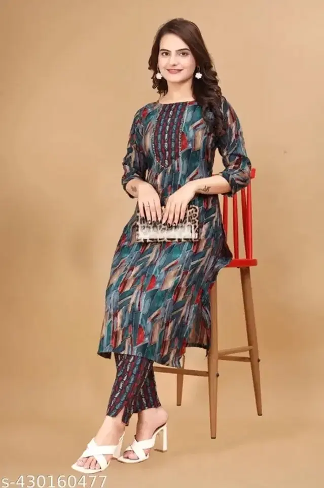 Cotton Blend Kurta Set for Women (Multicolor, L)