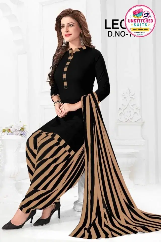 Crepe Printed Womens Unstitched Suits Black, (Size: 7.5 Mtr)