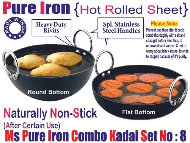 Iron Non Coated Kadai, Black, 1 L, Pack of 2
