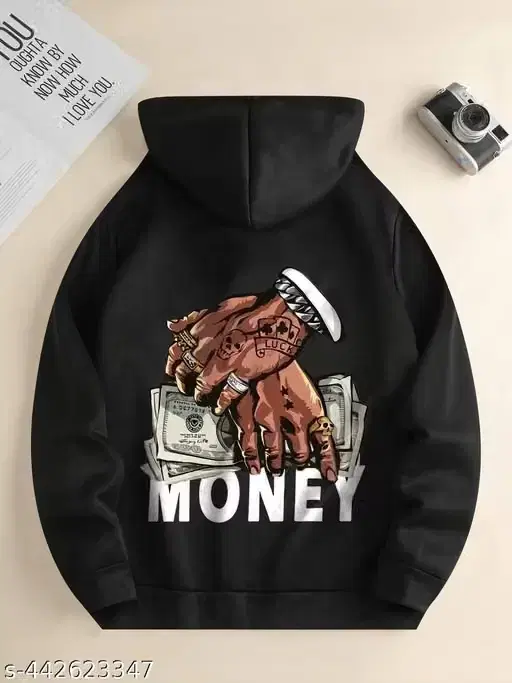 Fleece Printed Hoodie for Men (Black, L)