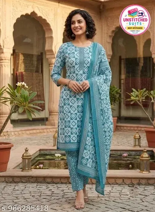 Cotton Blend Printed Salwar Suit Set for Women (Blue, L)