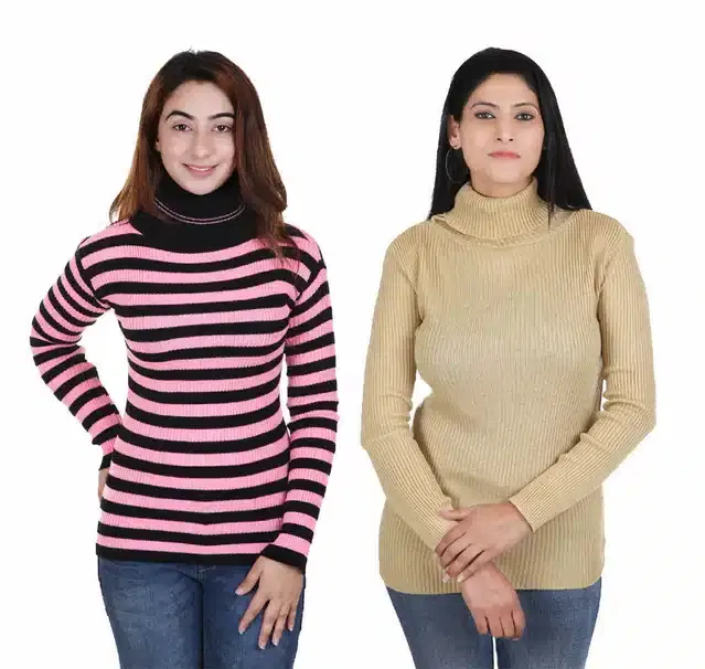 Full Sleeves Solid Sweater for Women, Pack of 2 (Beige & Pink, S)