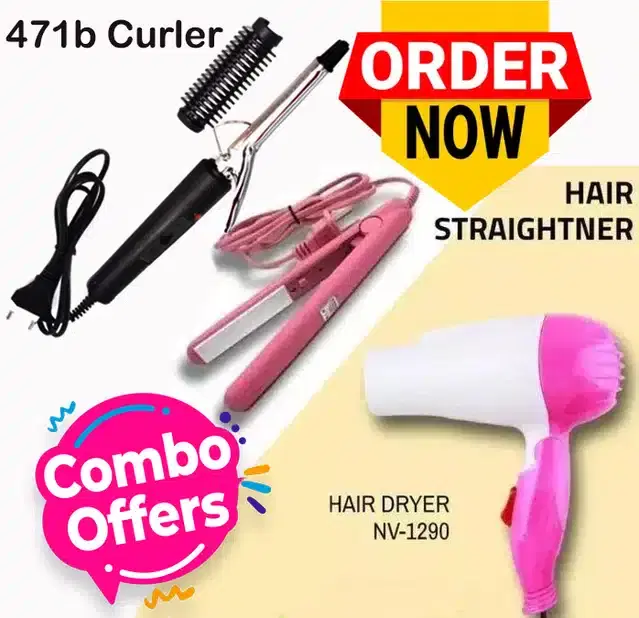 Mini Straightener, Curler & Hair Dryer Combo, Multicolor, Set of 3