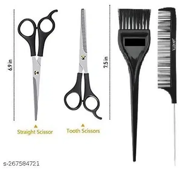 Salon Hair Comb & Scissor with Hair Color Brush, Black, Set of 4