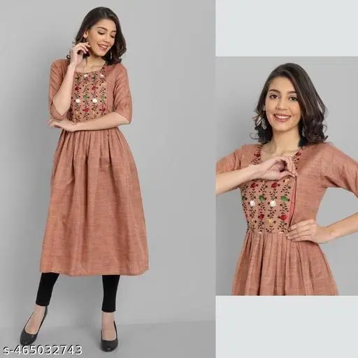 Botanical Embroidered Maternity Kurti (Peach, M)