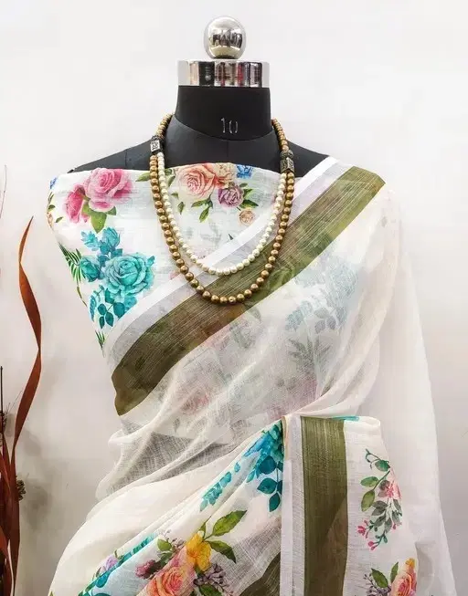 Cotton Linen Printed Saree for Women (Multicolor, 6.3 m)