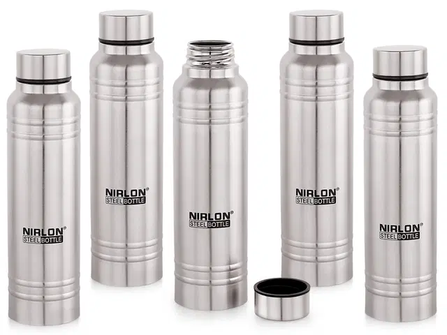 Nirlon Polo Sport Single Wall Stainless Steel Water Bottle, Set Of 5, 1000Ml|Silver|100% Leak Proof|Office Bottle|Gym Bottle |Hiking |Treking Bottle|Travel Bottle|Fridge Bottle
